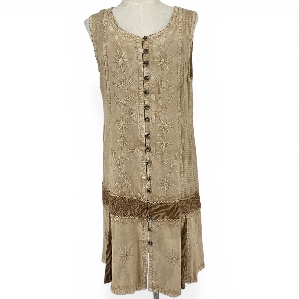 Boho Embroidered Button Front Sleeveless Midi Dress Tan Animal Print  Raya Sun